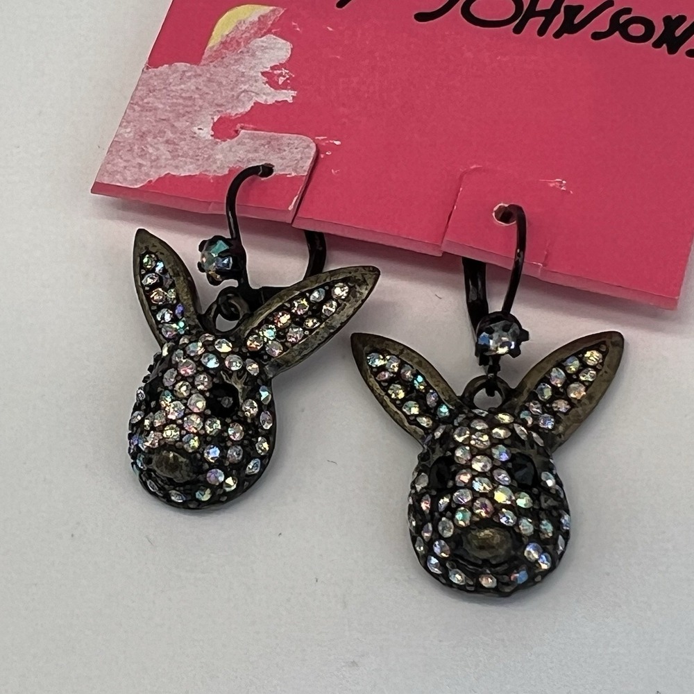 Betsey Johnson Vintage Dark Forest Rabbit Bunny Head Crystal‎ AB Paved Earrings - Picture 3 of 5
